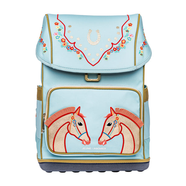 Discover the Jeune Premier Ergomaxx, the most ergonomic, durable and beautiful backpack in the world for girls aged 6 to 10. Horse girls will love the baby blue Cavalerie Florale design.