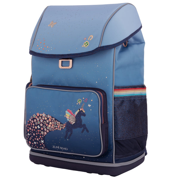 Ergonomic, trendy backpack for children from 6 years old. The load-bearing system transfers 50% of the weight to the hips. Design: Unicorn Universe.