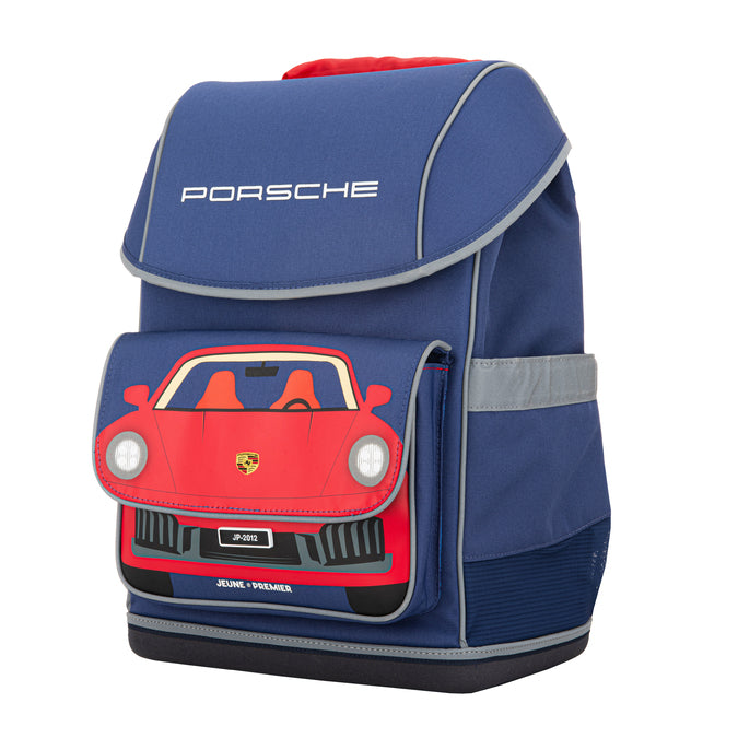 Ergomaxx Porsche ergonomic backpack by Jeune Premier with red Porsche car on blue school bag