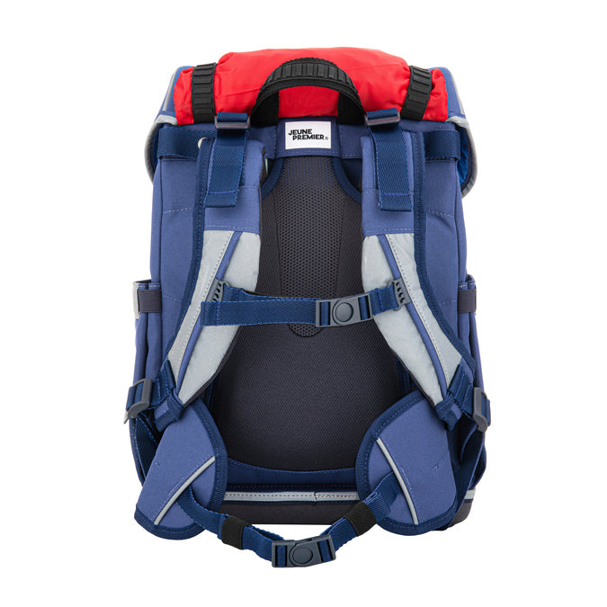 Ergomaxx Porsche ergonomic backpack by Jeune Premier with red Porsche car on blue school bag