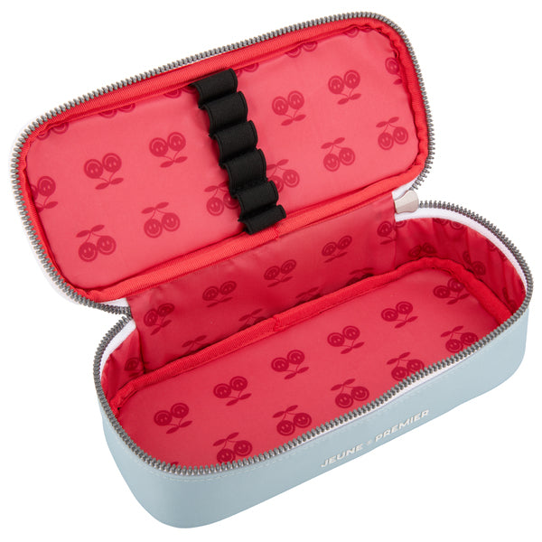 Trendy spacious pencil box. A plain pencil box, varnished with Jeune Premier designs, with a selection of elastic bands on the lid to store your favorite pens.