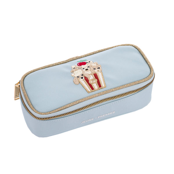 Pencil Box Popcorn. Trendy spacious pencil box. A plain pencil box, varnished with Jeune Premier designs, with a selection of elastic bands on the lid to store your favorite pens.