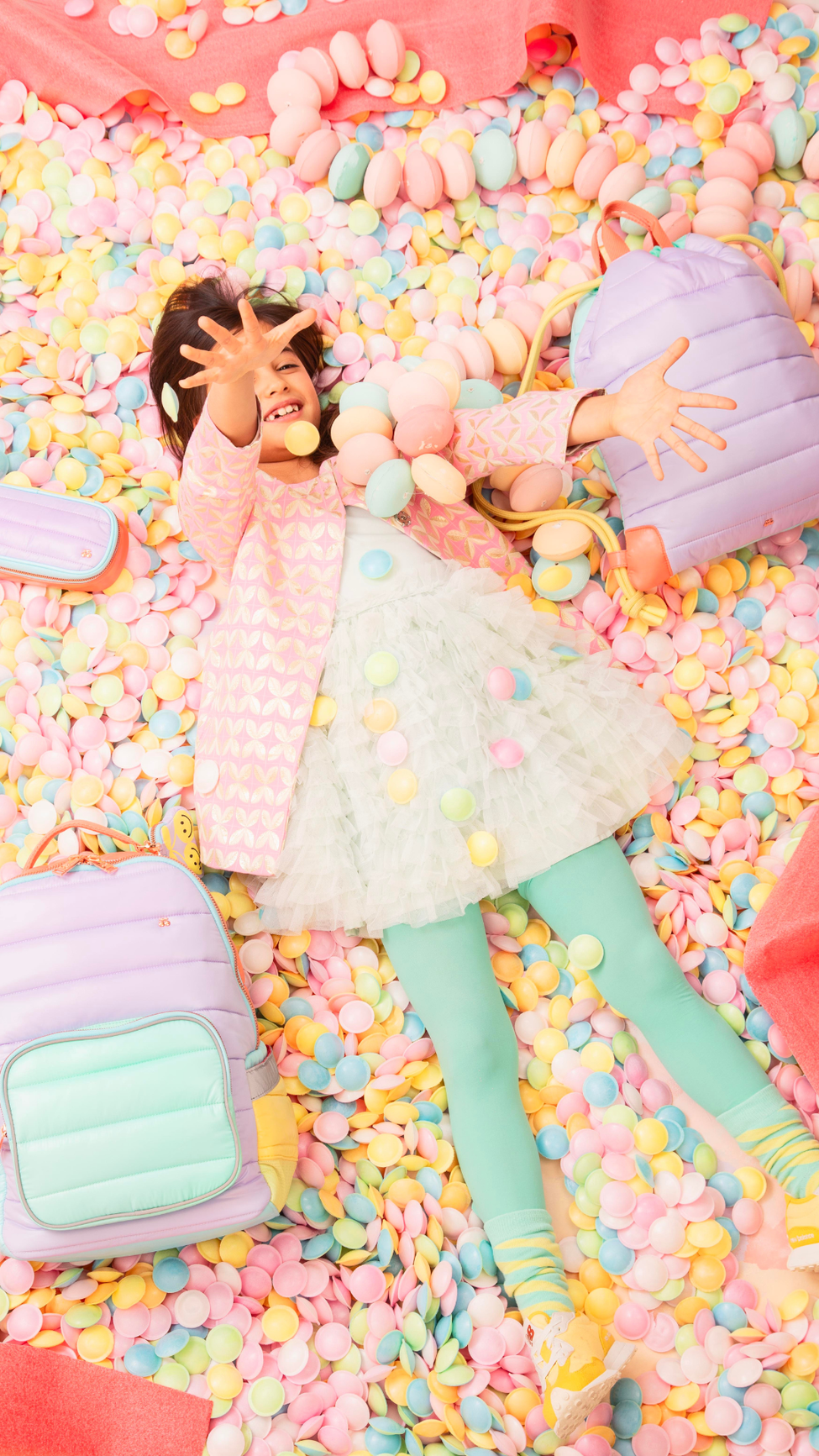 Girl with Jeune Premier New Bobbie Backpack Puffer Pastel Party and City Bag Puffer Pastel Party