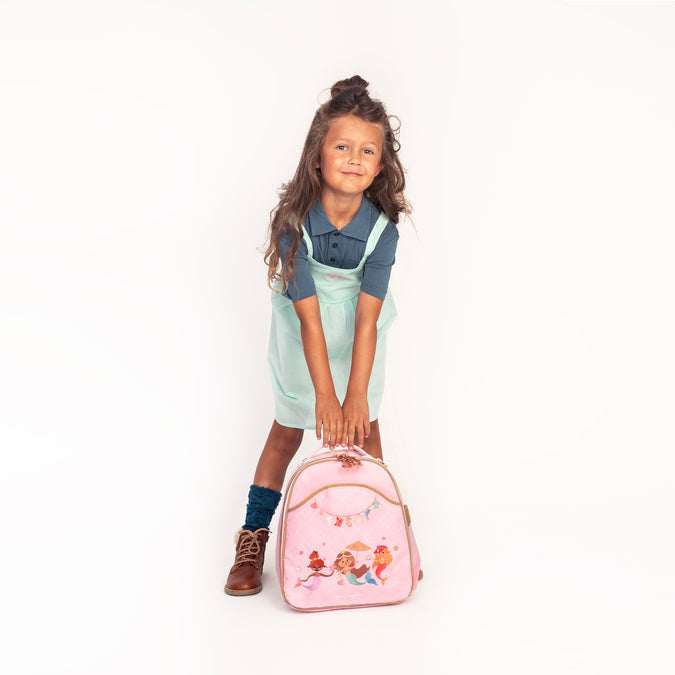 Toddler wearing Jeune Premier Ralphie backpack Mermaids