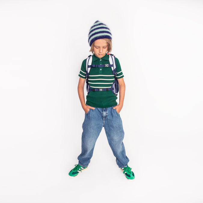 Ergomaxx Porsche ergonomic backpack by Jeune Premier with red Porsche car on blue school bag