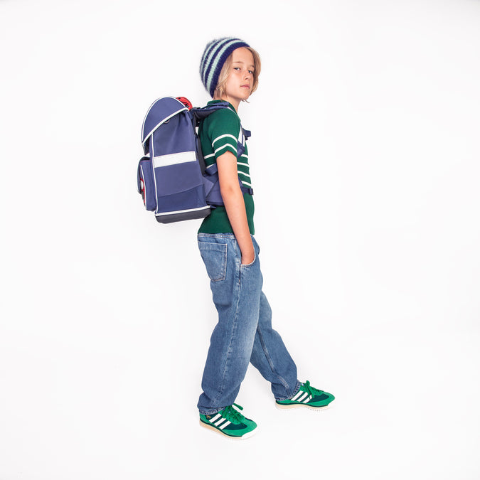 Ergomaxx Porsche ergonomic backpack by Jeune Premier with red Porsche car on blue school bag