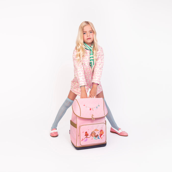 Pink Ergomaxx Mermaids ergonomic backpack by Jeune Premier with mermaid illustrations for girls from first grade