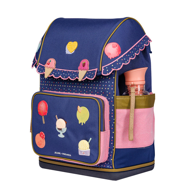 Dark blue Ergomaxx Disco Dip ergonomic backpack by Jeune Premier with colorful ice cream illustrations for girls from first grade