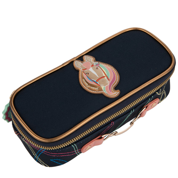 A plain pencil box, varnished with Jeune Premier designs, with a selection of elastic bands on the lid to store your favorite pens. Horse girls will love the "Cavalier Couture" design.