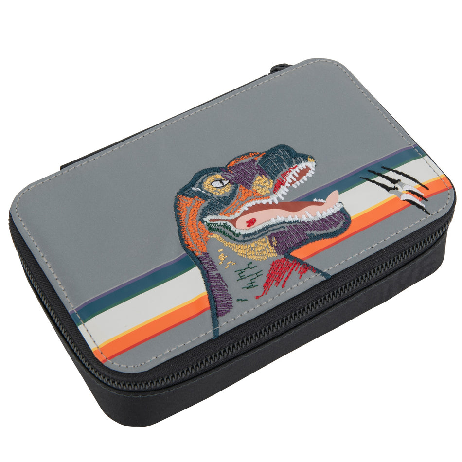 Filled, trendy pencil case with two separate lockable compartments, in collaboration with Staedtler®.  The Jeune Premier "Reflectosaurus" print is ideal for dinolovers. 