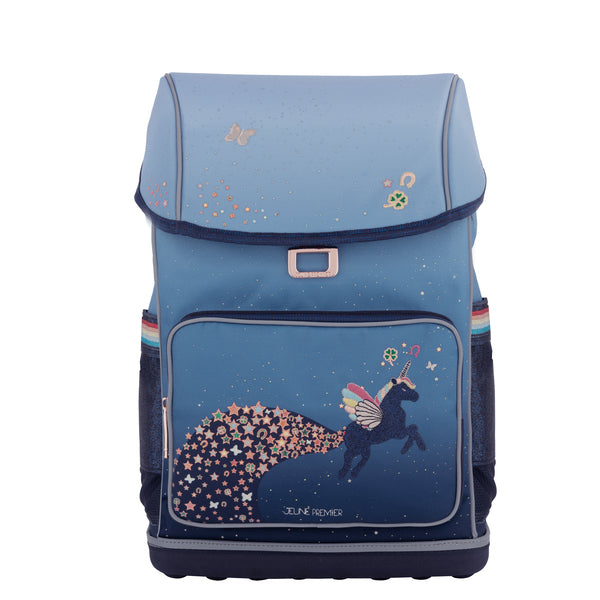 Ergonomic, trendy backpack for children from 6 years old. The load-bearing system transfers 50% of the weight to the hips. Design: Unicorn Universe.