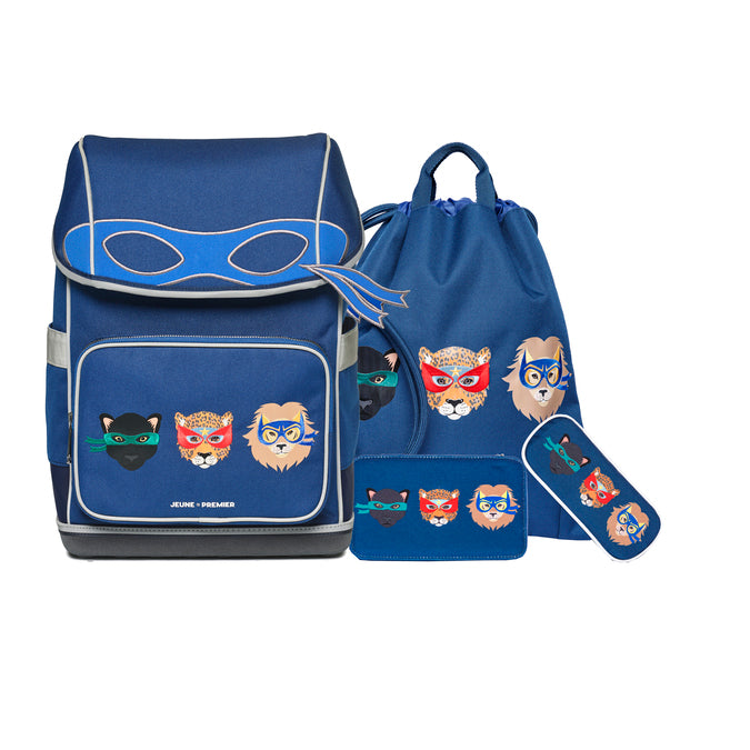 Ergomaxx Supercats ergonomic backpack by Jeune Premier with three masked animal characters on a blue school bag