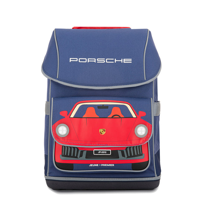 Ergomaxx Porsche ergonomic backpack by Jeune Premier with red Porsche car on blue school bag