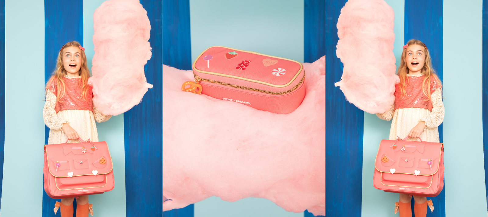 Young girl with Jeune Premier IT Bag Midi Candy - ergonomic school backpack with colorful candy print