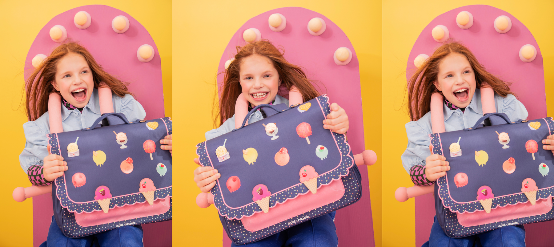 Girl wearing the Jeune Premier It Bag Midi schoolbag in the Disco Dip design