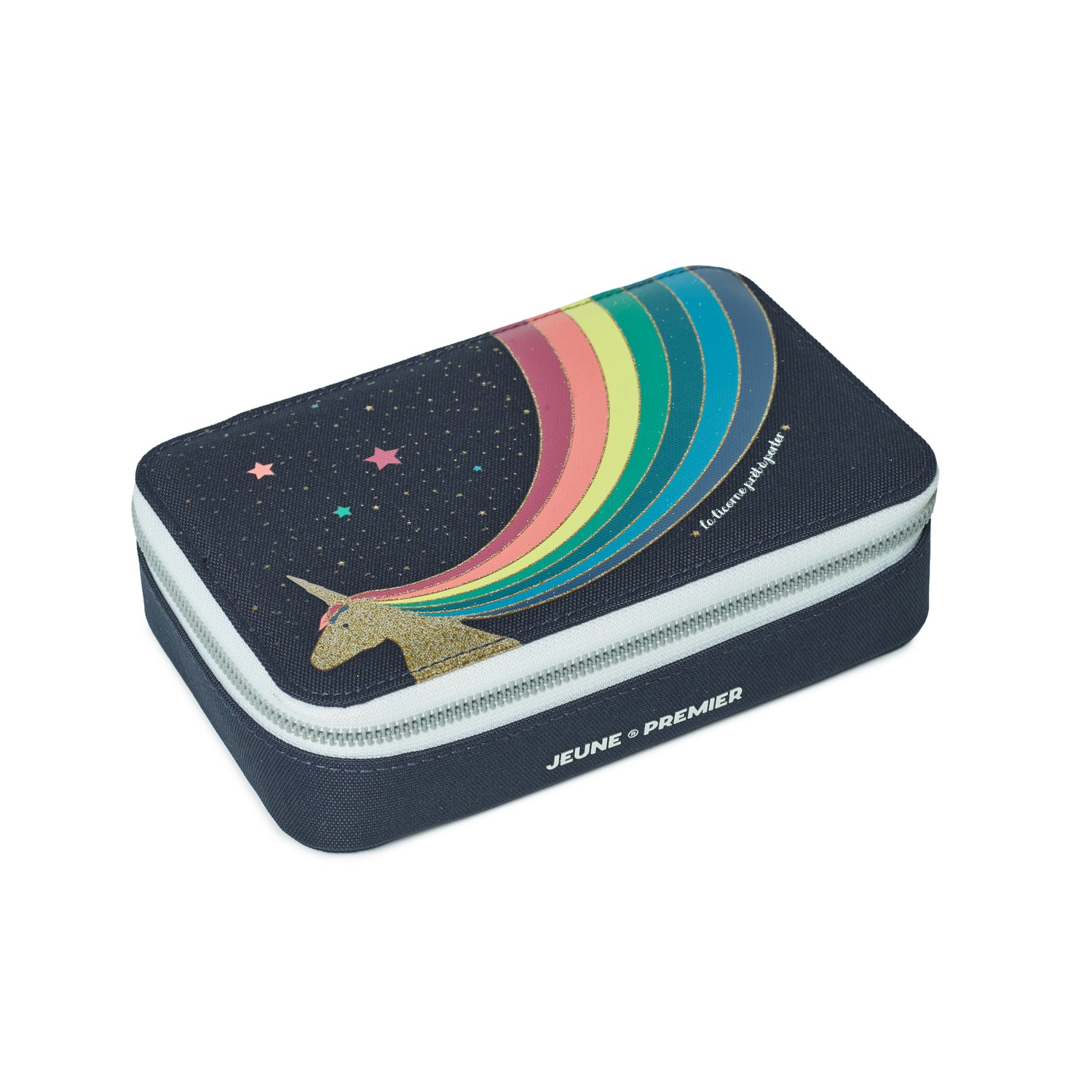 Unicorn Gold filled pencil case front view - magical unicorn design with gold accents by Jeune Premier