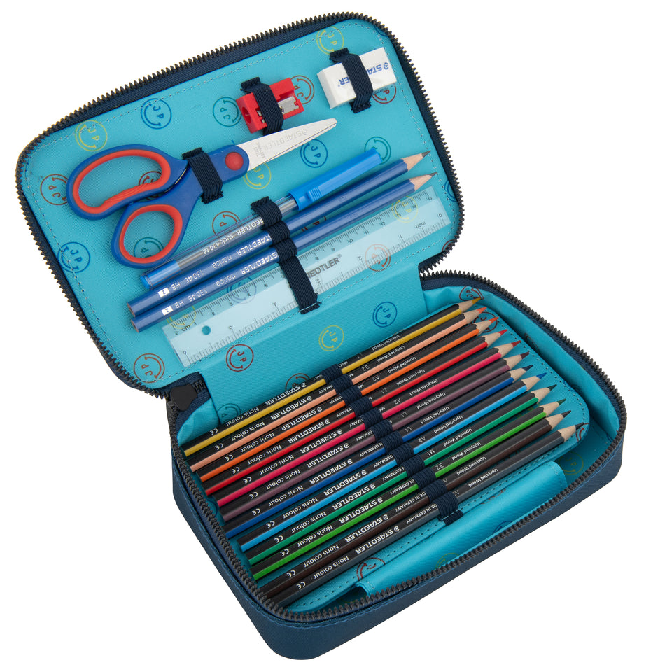 Filled, trendy pencil case with two separate lockable compartments, in collaboration with Staedtler®. The Jeune Premier "Reflectosaurus" print is ideal for dinolovers.