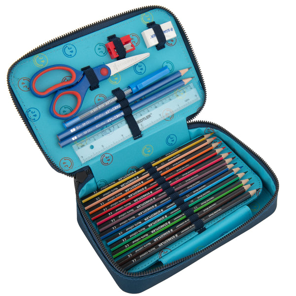 Filled, trendy pencil case with two separate lockable compartments, in collaboration with Staedtler®. The Jeune Premier "The King" print is ideal for tough warriors who want to be "the king" of the playground.