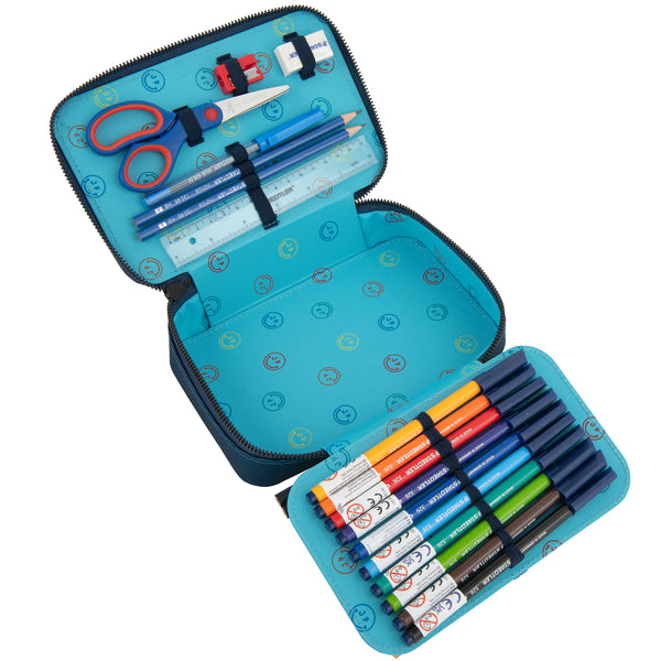 Filled, trendy pencil case with two separate lockable compartments, in collaboration with Staedtler®. The Jeune Premier "Reflectosaurus" print is ideal for dinolovers.