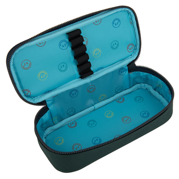 A plain pencil box, varnished with Jeune Premier designs, with a selection of elastic bands on the lid to store your favorite pens. The "Reflectosaurus" print is ideal for dinolovers.