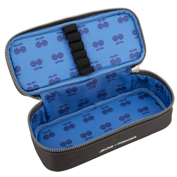 A plain pencil box, varnished with Jeune Premier designs, with a selection of elastic bands on the lid to store your favorite pens.