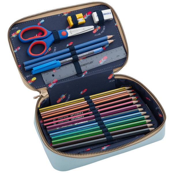 Filled, trendy pencil case with two separate lockable compartments, in collaboration with Staedtler®. Horse girls will love the light blue Jeune Premier "Cavalerie Florale" design.
